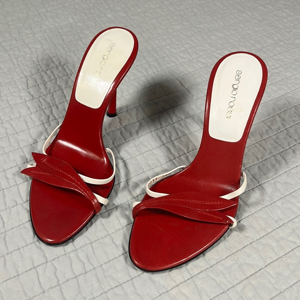 Sergio Rossi Red Stiletto Heel, White Strap and Red Leaf Embellishments, Sz 36.5
